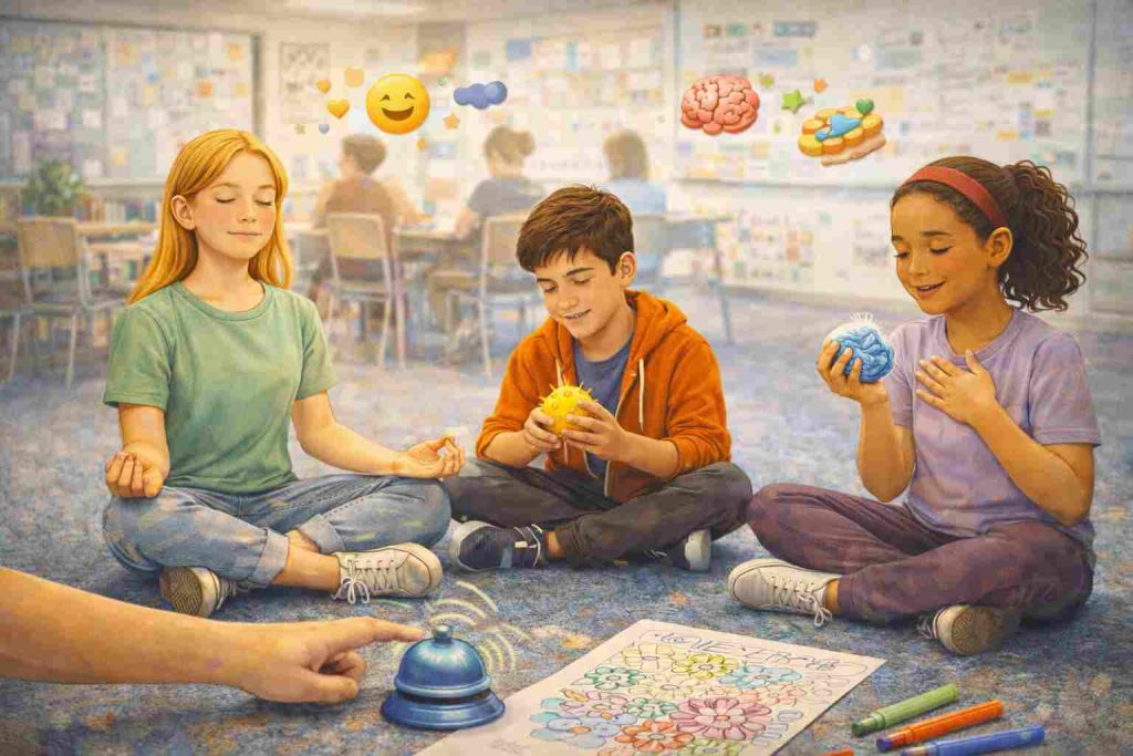 docente guiando actividades de autorregulación emocional para estudiantes en el aula