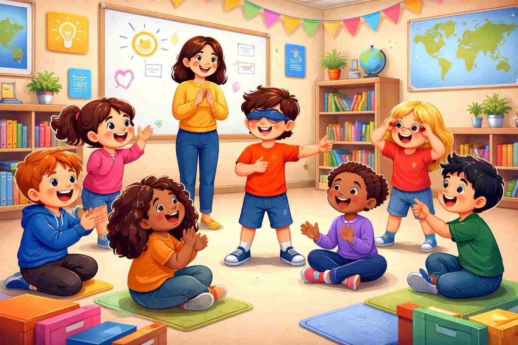 Estudiantes participando en dinámica grupal con juegos sin materiales para el aula en 5 minutos