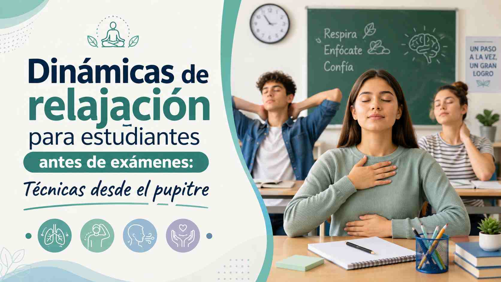 Estudiantes realizando dinámicas de relajación en sus pupitres antes de un examen