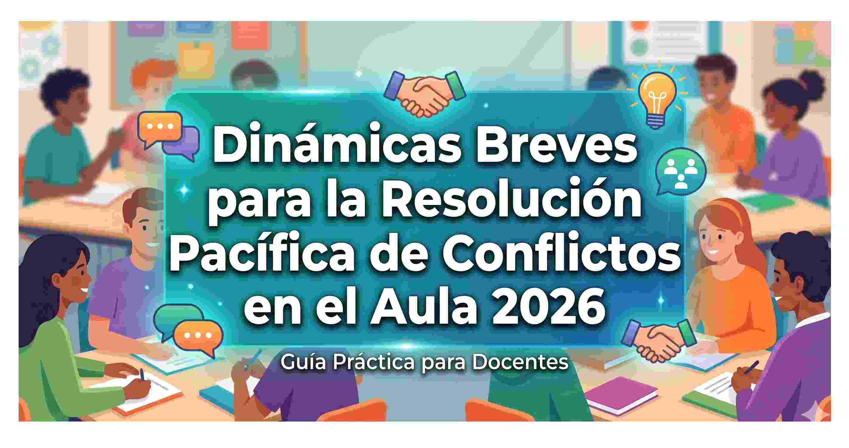 Imagen destacada del artículo sobre Dinámicas Breves para la Resolución Pacífica de Conflictos en el Aula en el año 2026, con diseño moderno y educativo.