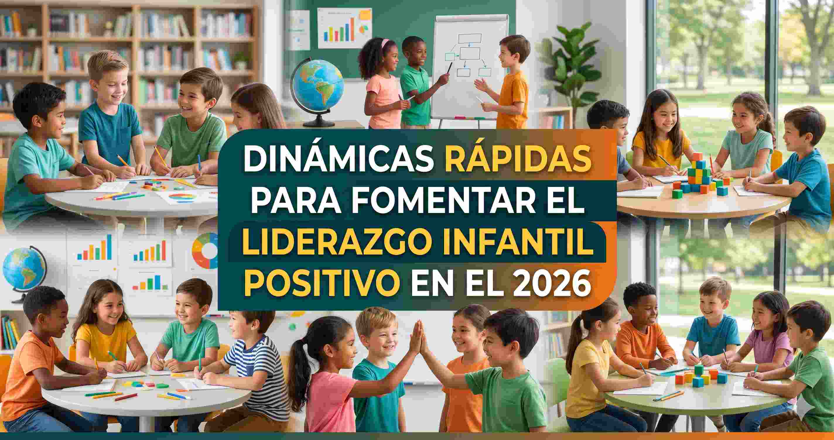 Imagen destacada horizontal que muestra a varios niños en edad escolar colaborando y sonriendo en un entorno educativo moderno. En el centro de la imagen, un panel de texto legible dice: "Dinámicas rápidas para fomentar el liderazgo infantil positivo en el 2026".