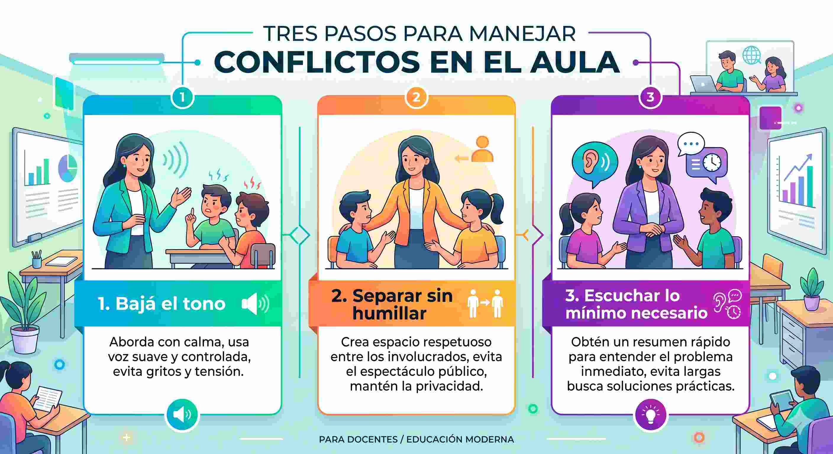 Infografía educativa que detalla los tres pasos previos esenciales (bajar el tono, separar sin humillar y escuchar lo mínimo) antes de aplicar dinámicas breves para la resolución pacífica de conflictos en el aula 2026.